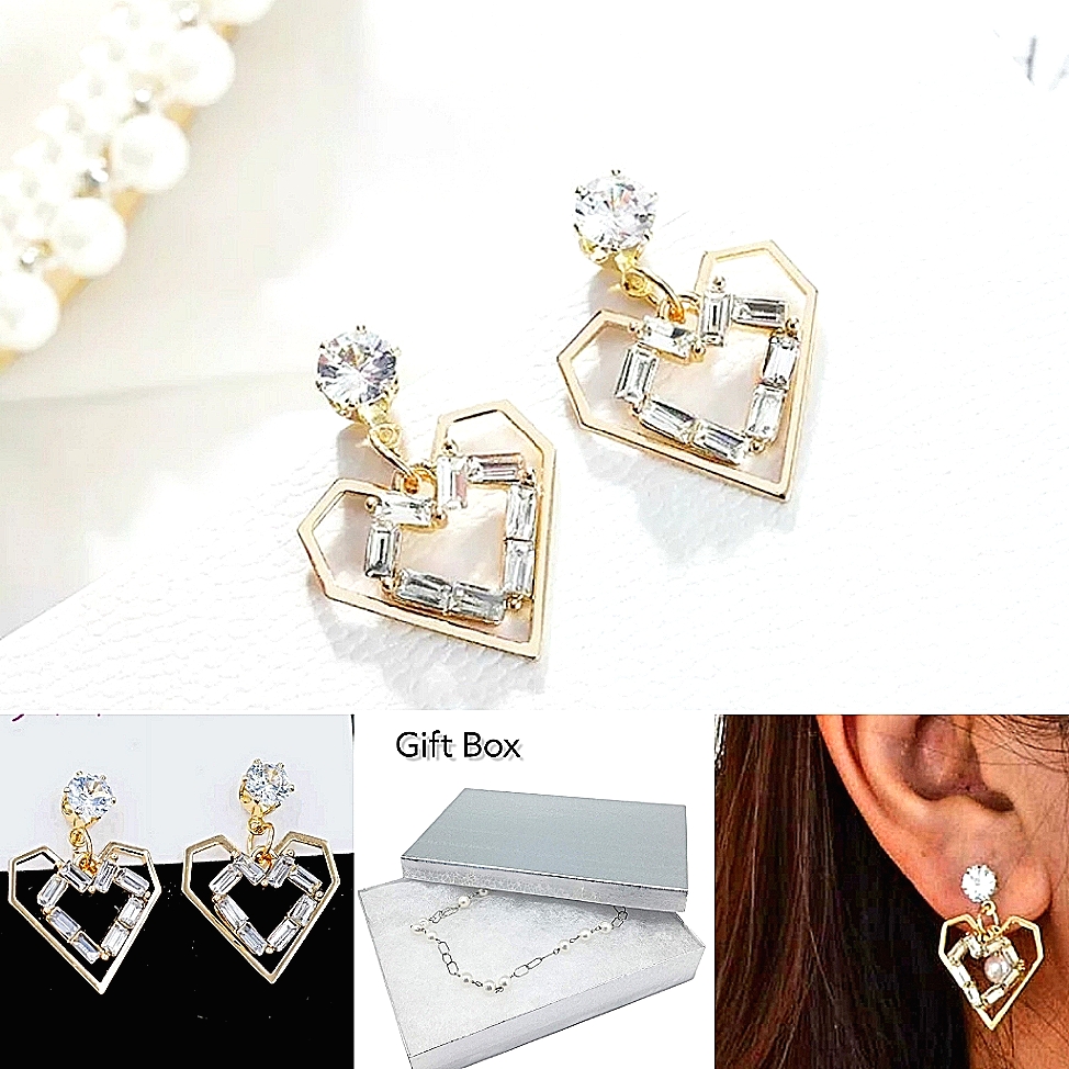 18k Gold Plated Crystal Double Heart Drop Earrings With Silver Post 25$